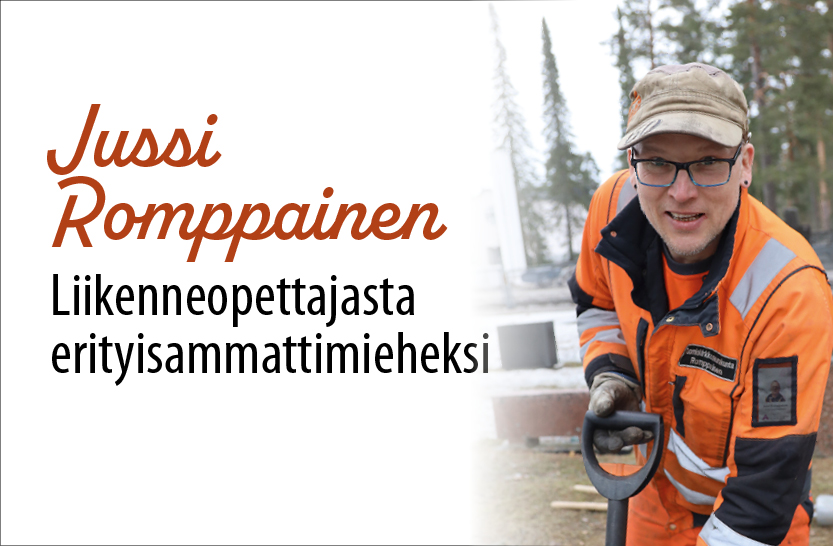 Kuvalinkki, jossa Jussi Romppainen ja teksti: Jussi Romppainen - Liikenneopettajasta erityisammattimieheksi