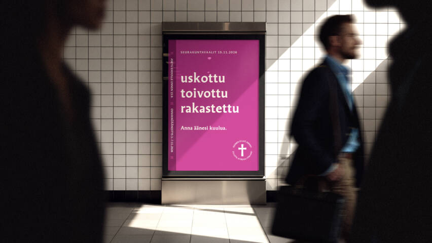 Seurakuntavaalien mainos metrossa.