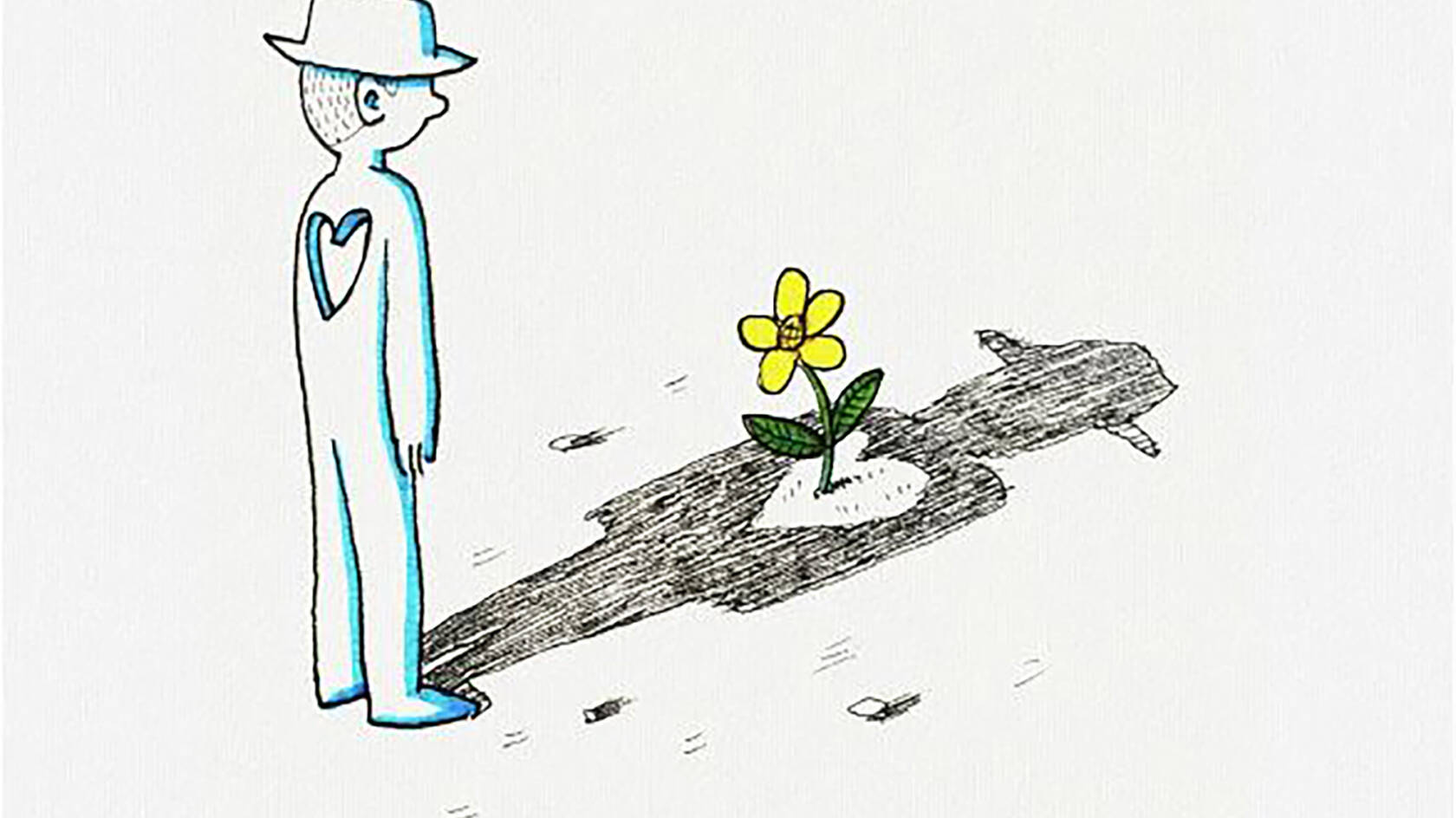 Kuvituskuva, jossa miehen varjossa sydämen kohdalla kasvaa kukka.