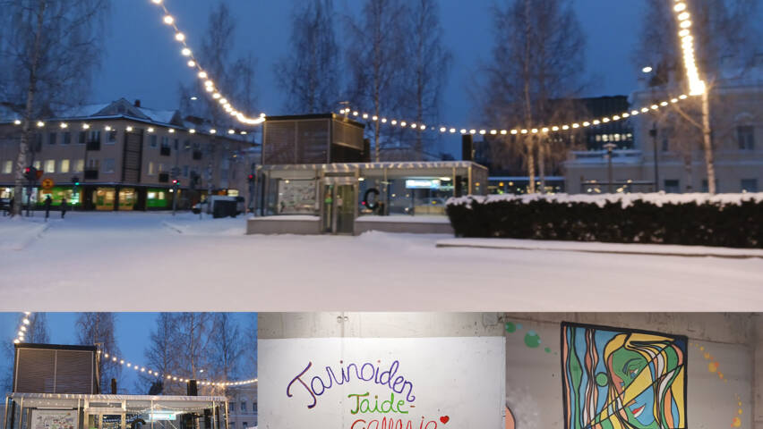 Kuvakollaasi, jossa kuvia Mikkelin torilta ja toriparkista talvella.
