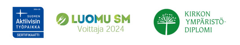 Kuvakoonti, jossa Suomen aktiivisin työpaikka, Luomu SM Voittaja 2024 ja Kirkon ympäristödiplomi -logot.
