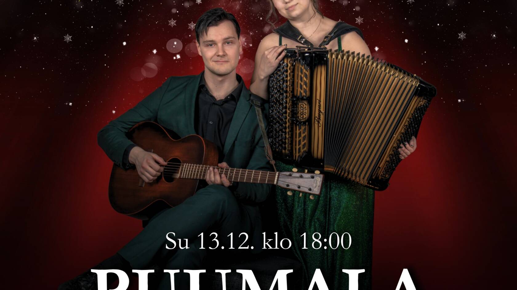 Konsertin mainoskuvassa Veeti Tikkanen kitara ja Ronja Pehkonen haitari sylissään.
