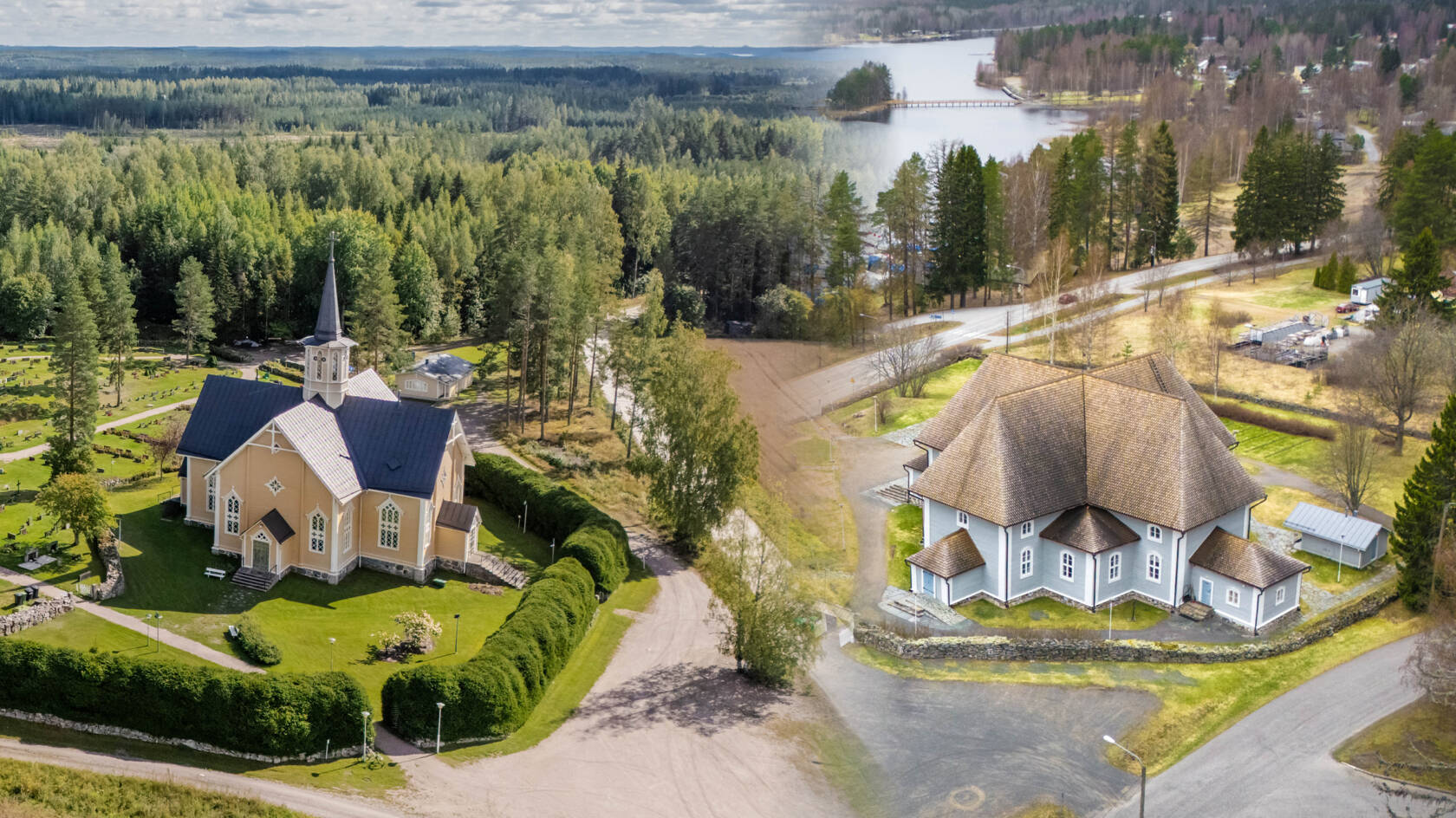 Kaksi kirkkoa kesäisessä maisemassa ilmasta kuvattuna.